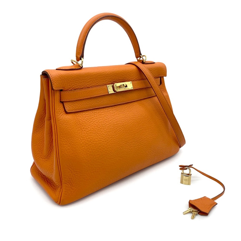 Authentic KELLY 32 Sellier Orange taurillon clemence satchel with strap - Picture 1 of 10